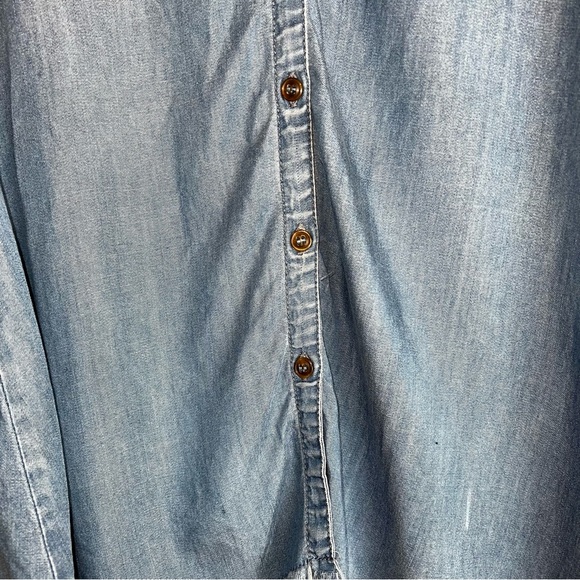 Hester & Orchard Tencel Chambray Button Up Split Neck Fringe Hem Shirt Sz S - Picture 5 of 11